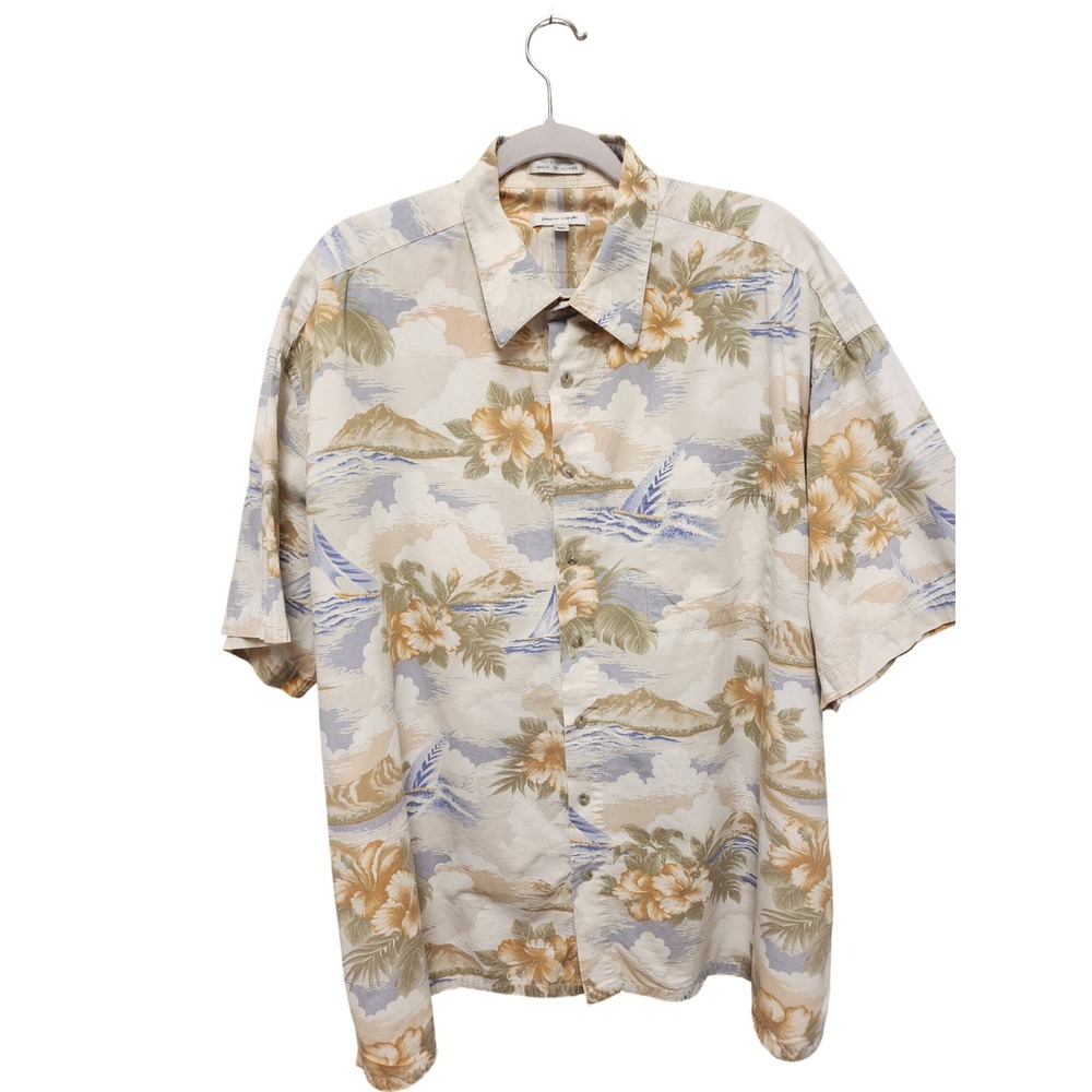 Vintage Pierre Cardin Mens 2XL Tropical Island Print Cotton Button Down Shirt